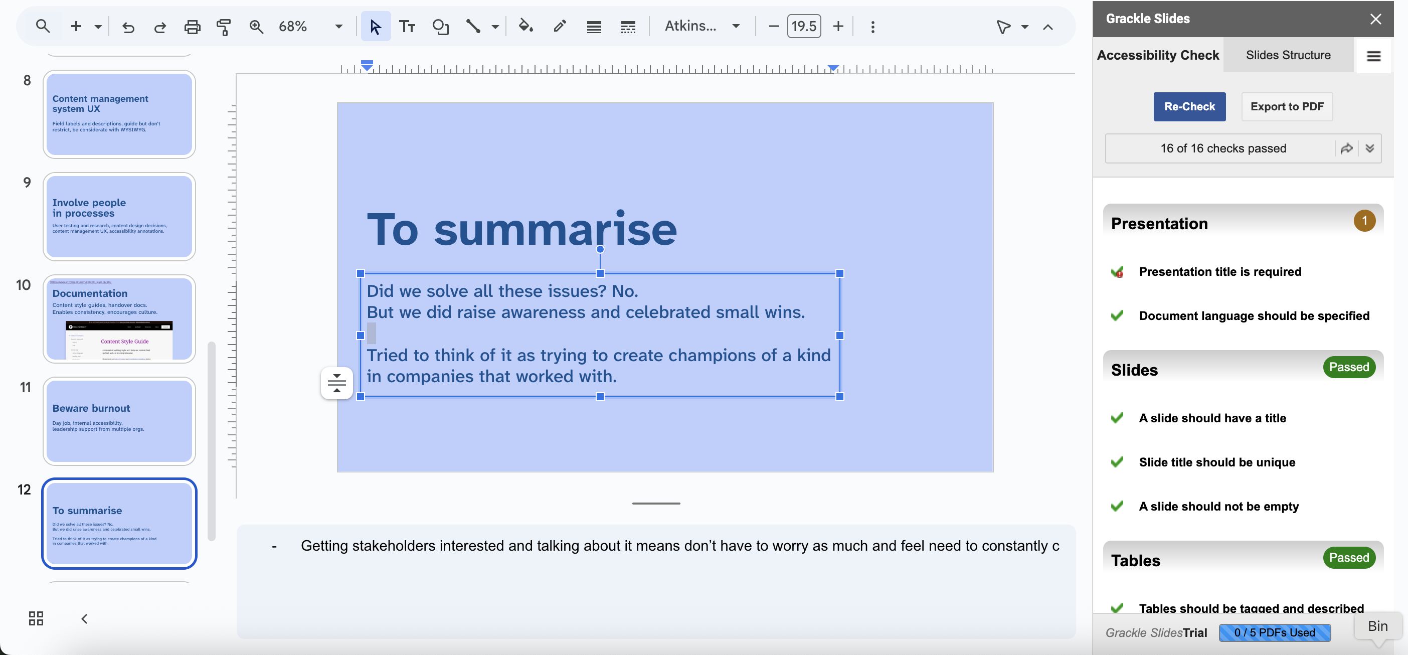 Screenshot of the Grackle Slides accessibility checker sidebar open in a Google Slides deck.