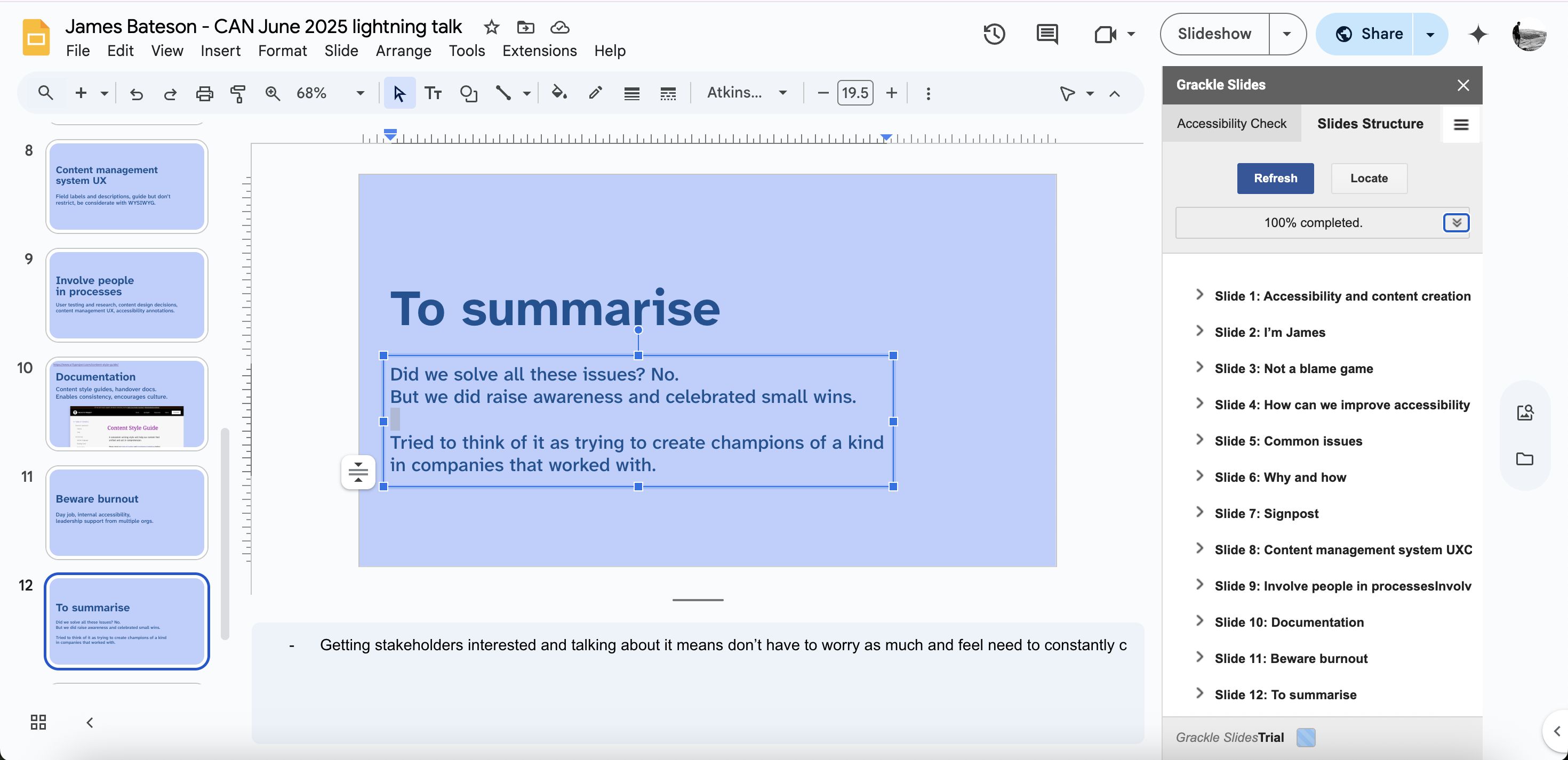 Screenshot of the Grackle sidebar UI open in a Google Slide deck. The "Slides Structure" tab is open and displaying a structure of the deck slides content.